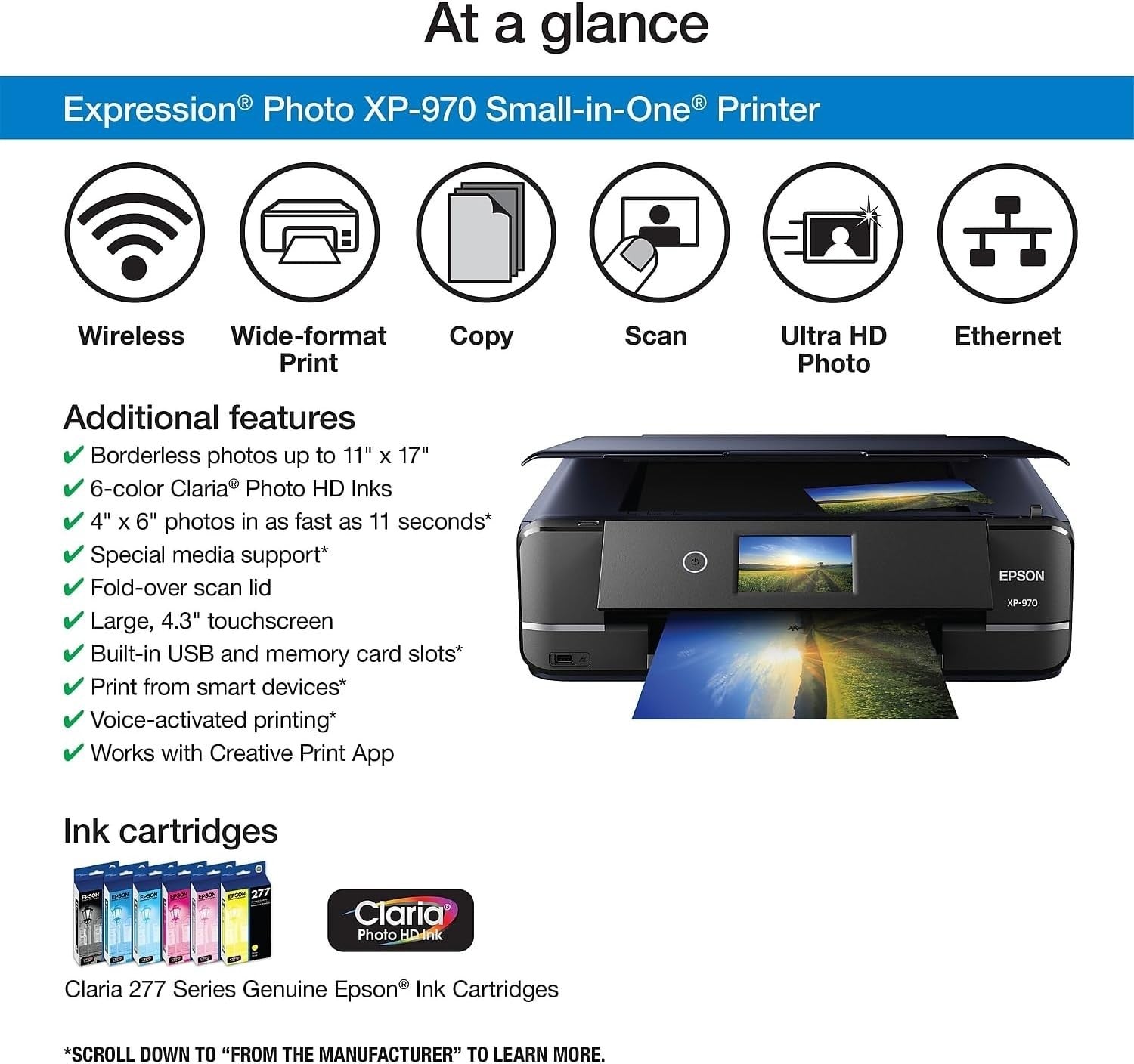 XP-970 Black Wireless Photo Printer Scan Copy 6-Color A3+ Prints