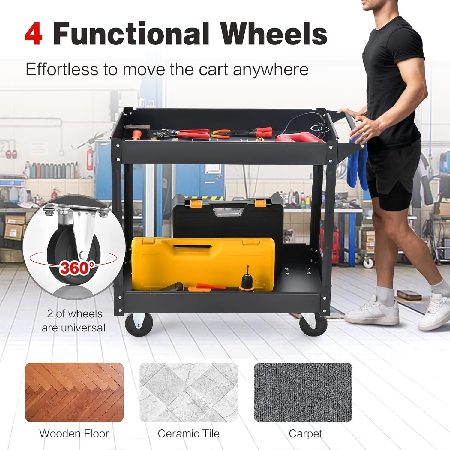 2 Tier Rolling Utility Trolley Heavy Duty Storage Cart with Wheels Black