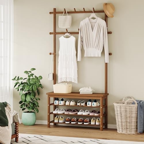 6-in-1 Bamboo Hall Tree with Bench, Shoe & Coat Rack for Entryway Mudroom