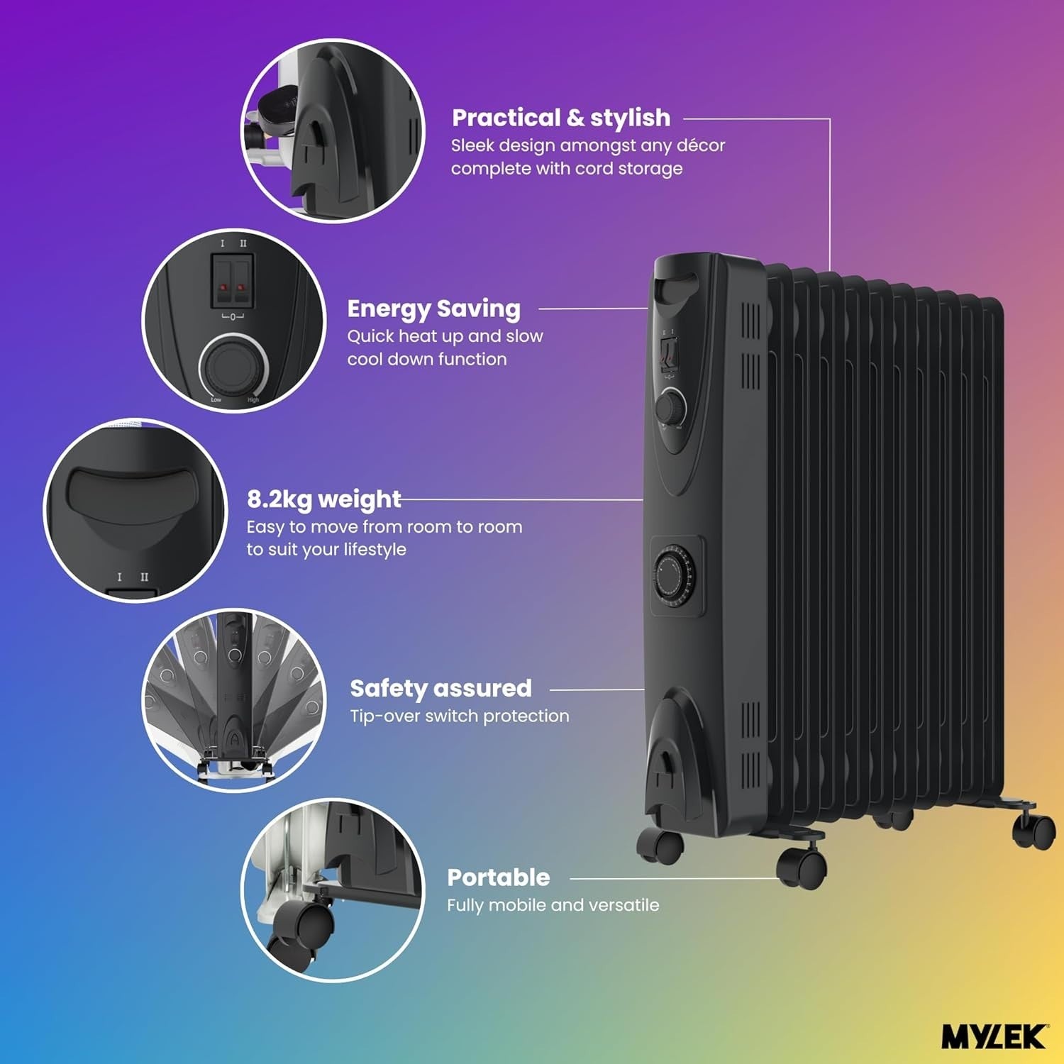 2500W Oil Filled Radiator Heater With Timer Portable Electric Thermostat