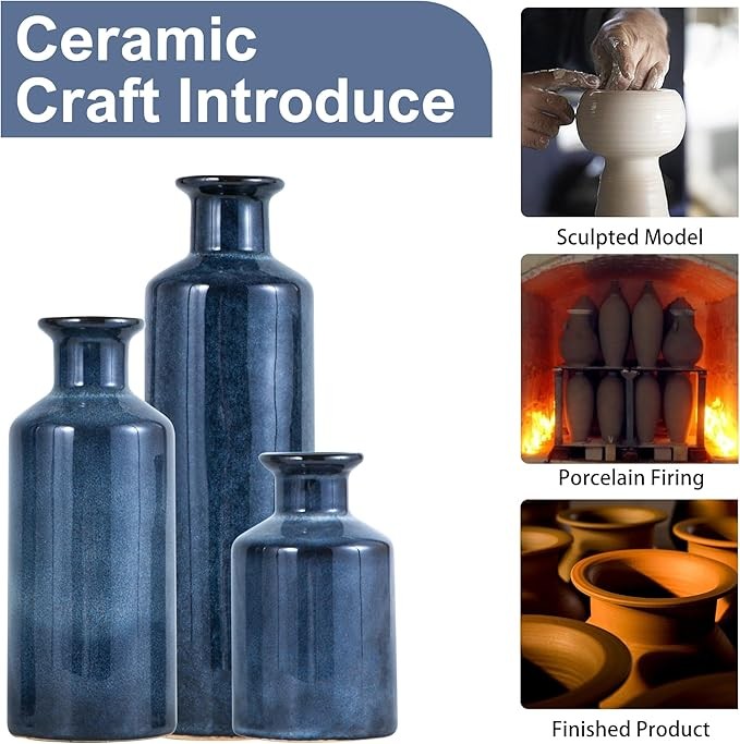 Blue Ceramic Vase Set Modern Decorative Bottle Vases for Home Decor