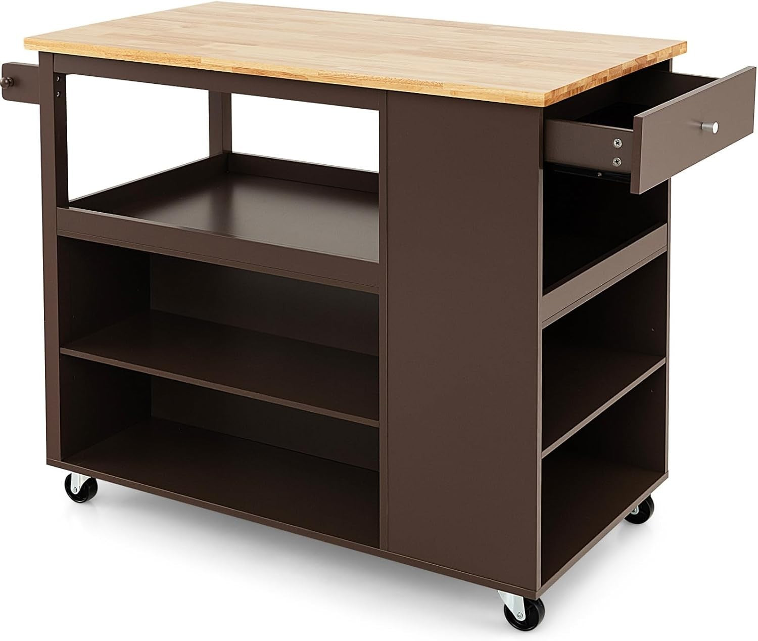 Rolling Kitchen Island Cart with Adjustable Shelves, Drawer & Rubberwood Top