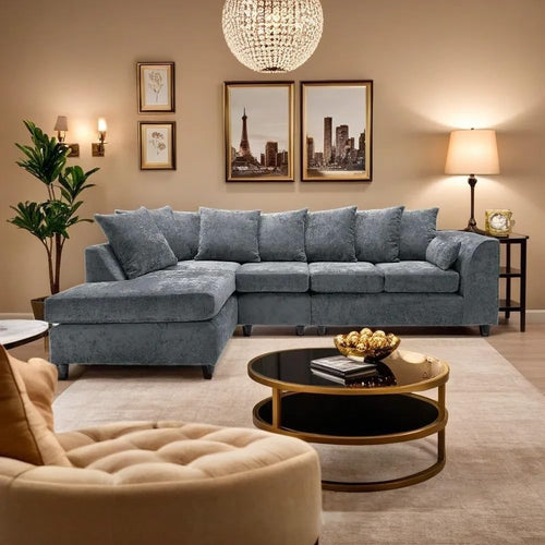 5 Seater Grey Chenille Corner Sofa – L Shape, Scatter Back, Comfy & Washable
