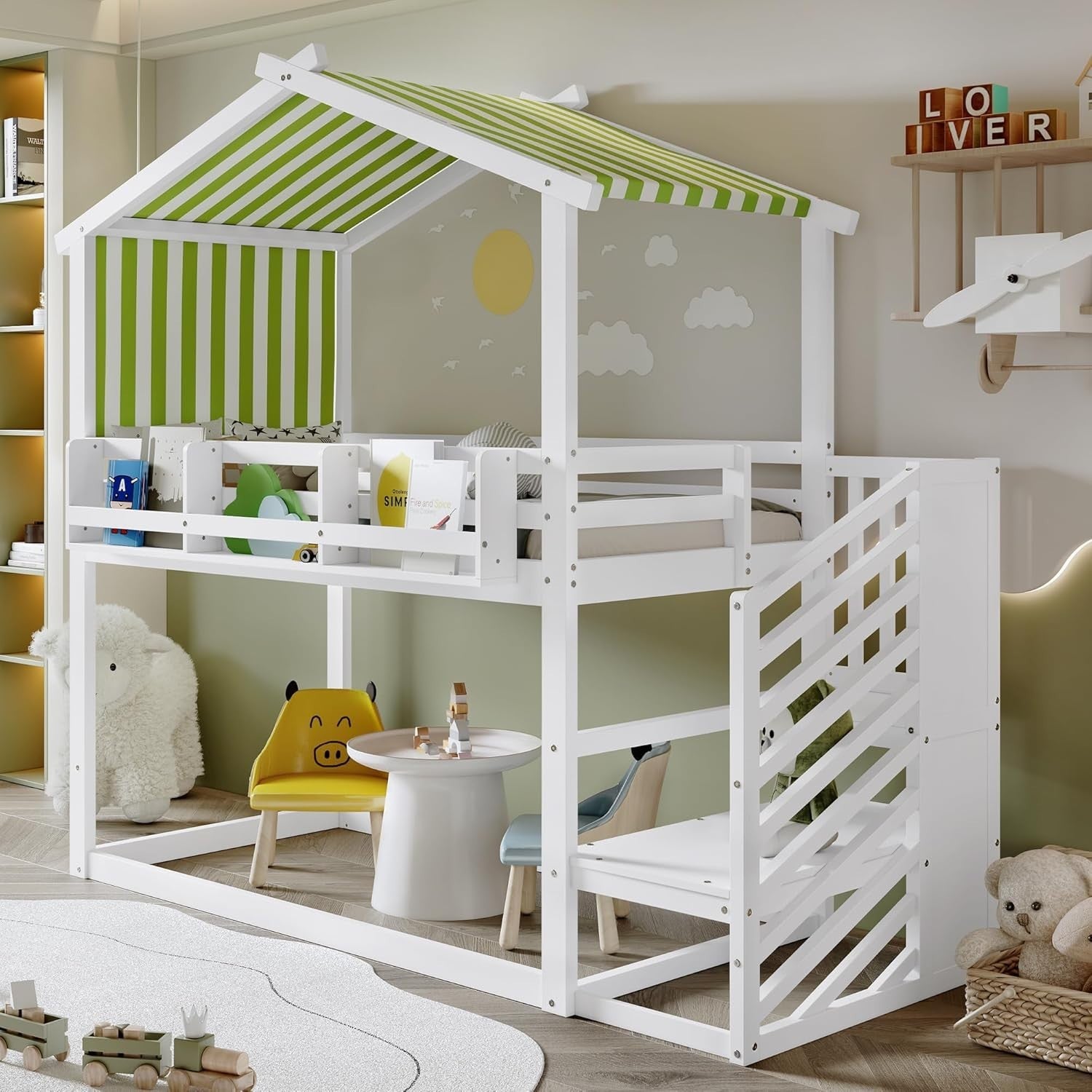 Kids High Sleeper Bunk Bed with Corner Stairs Canopy Bookshelf Storage 90x190
