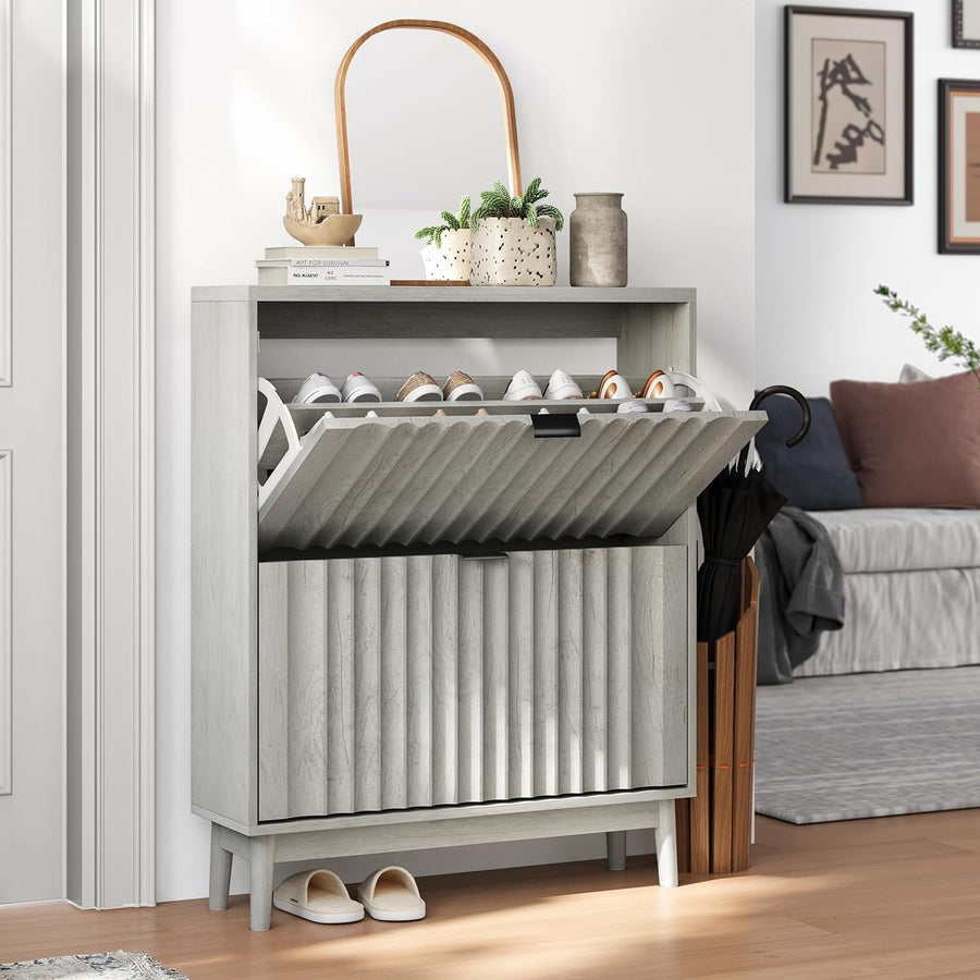 Narrow Grey Wood Shoe Cabinet 2 Flip Drawers Hidden Storage 24x80x99cm