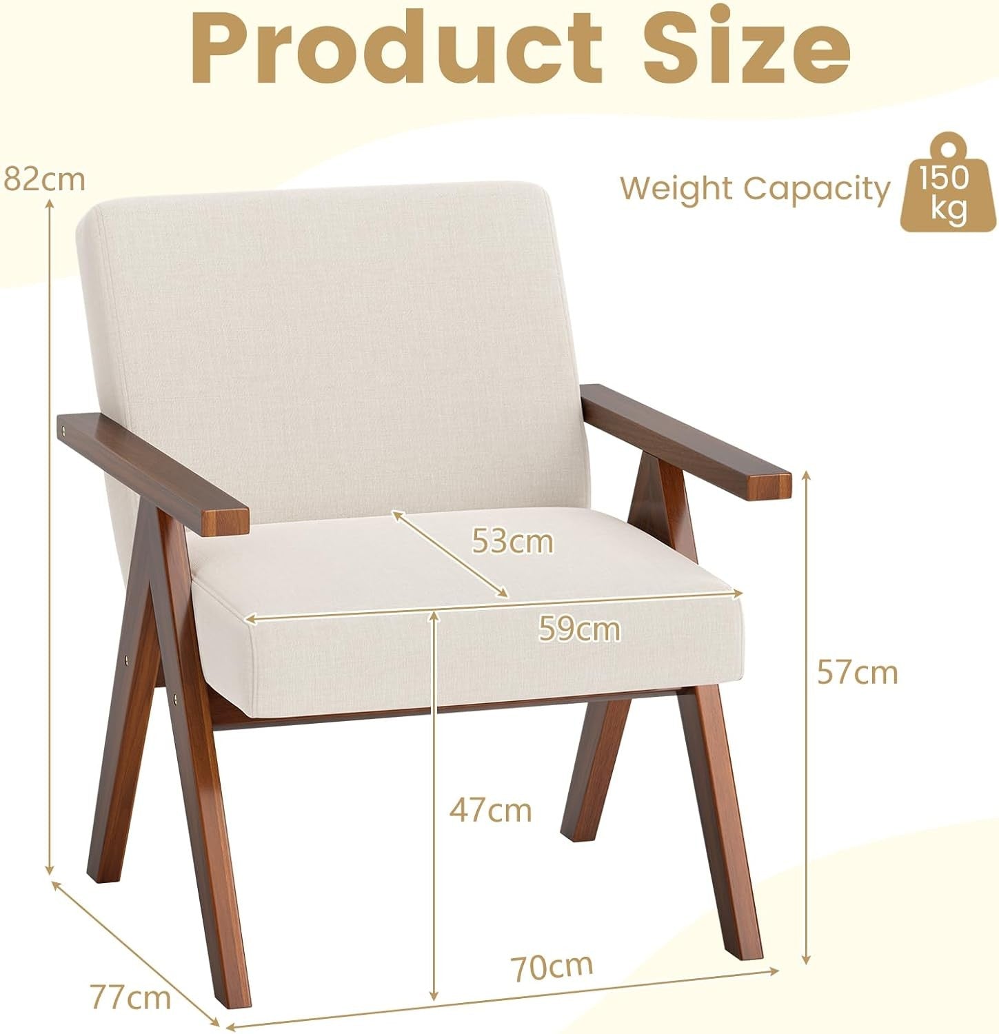 Beige Linen Accent Armchair Acacia Wood Frame Lounge Chair