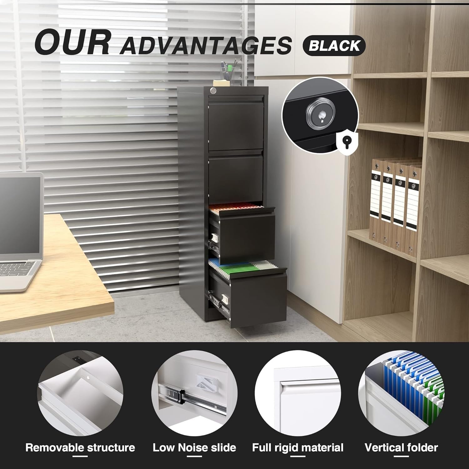 4 Drawer Metal Vertical Filing Cabinet Lockable Home Office Storage Black