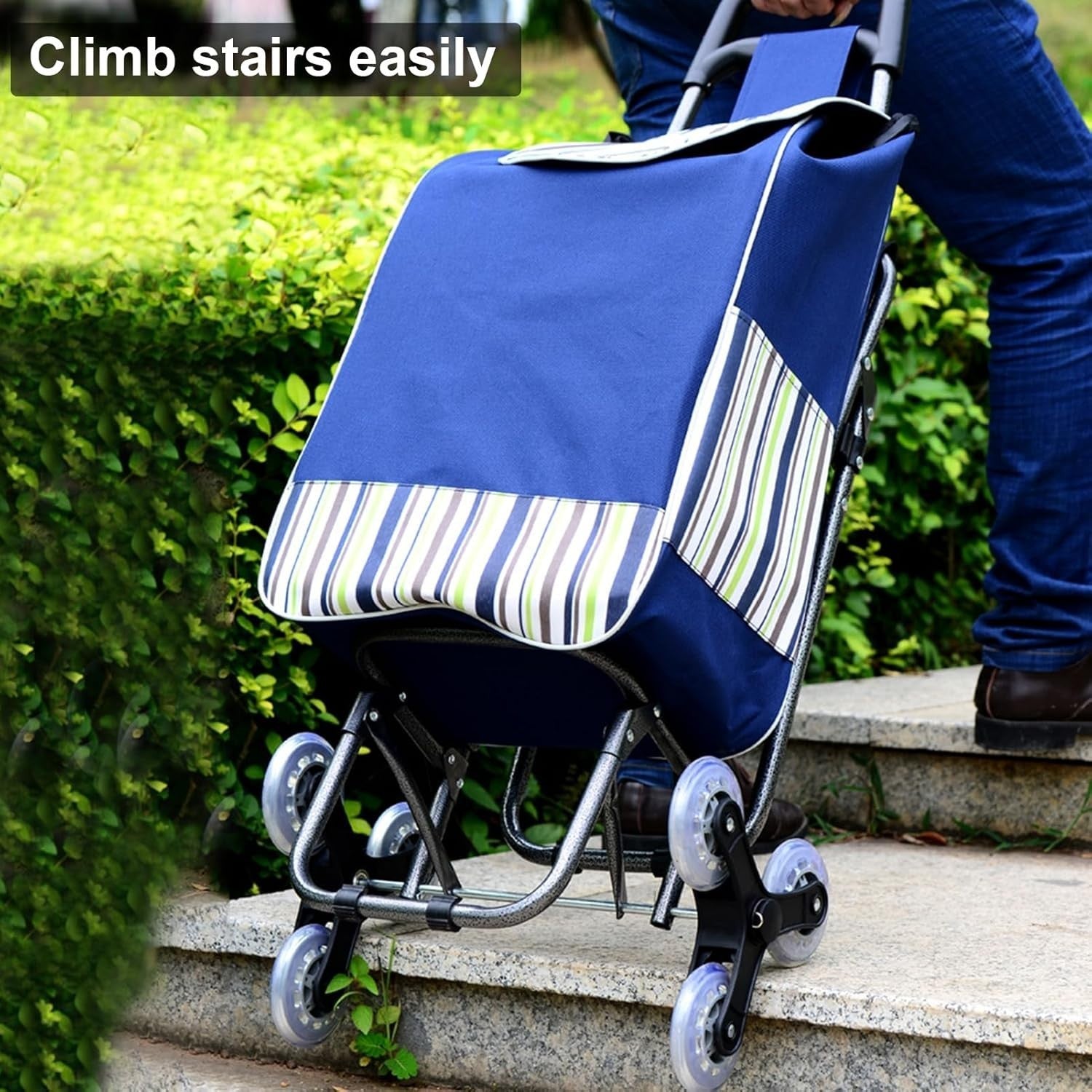 Foldable Stair Climber Shopping Trolley w/ Seat, Detachable Bag & 3-Wheel Design
