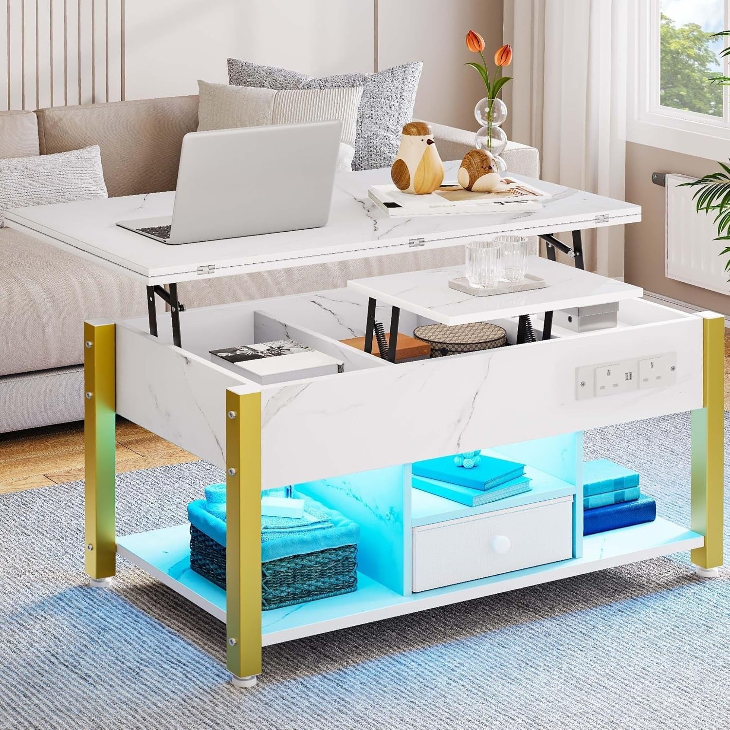 Folding Lift Top Coffee Table with Storage, USB & LED Lights, White Marble