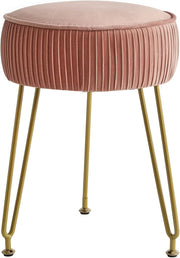 Pink Velvet Round Vanity Stool with Golden Steel Legs – Footrest & Side Table