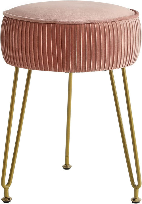 Pink Velvet Round Vanity Stool with Golden Steel Legs – Footrest & Side Table