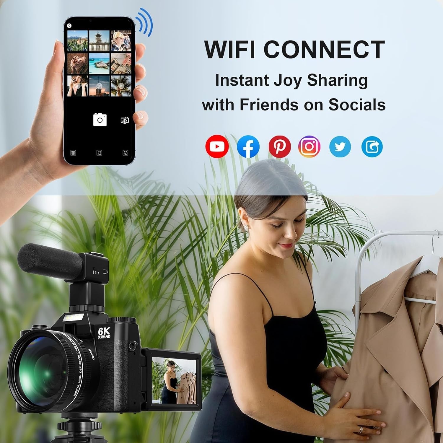 6K 64MP Vlogging Camera WiFi Wide Angle Lens w/ 64GB Card Mic