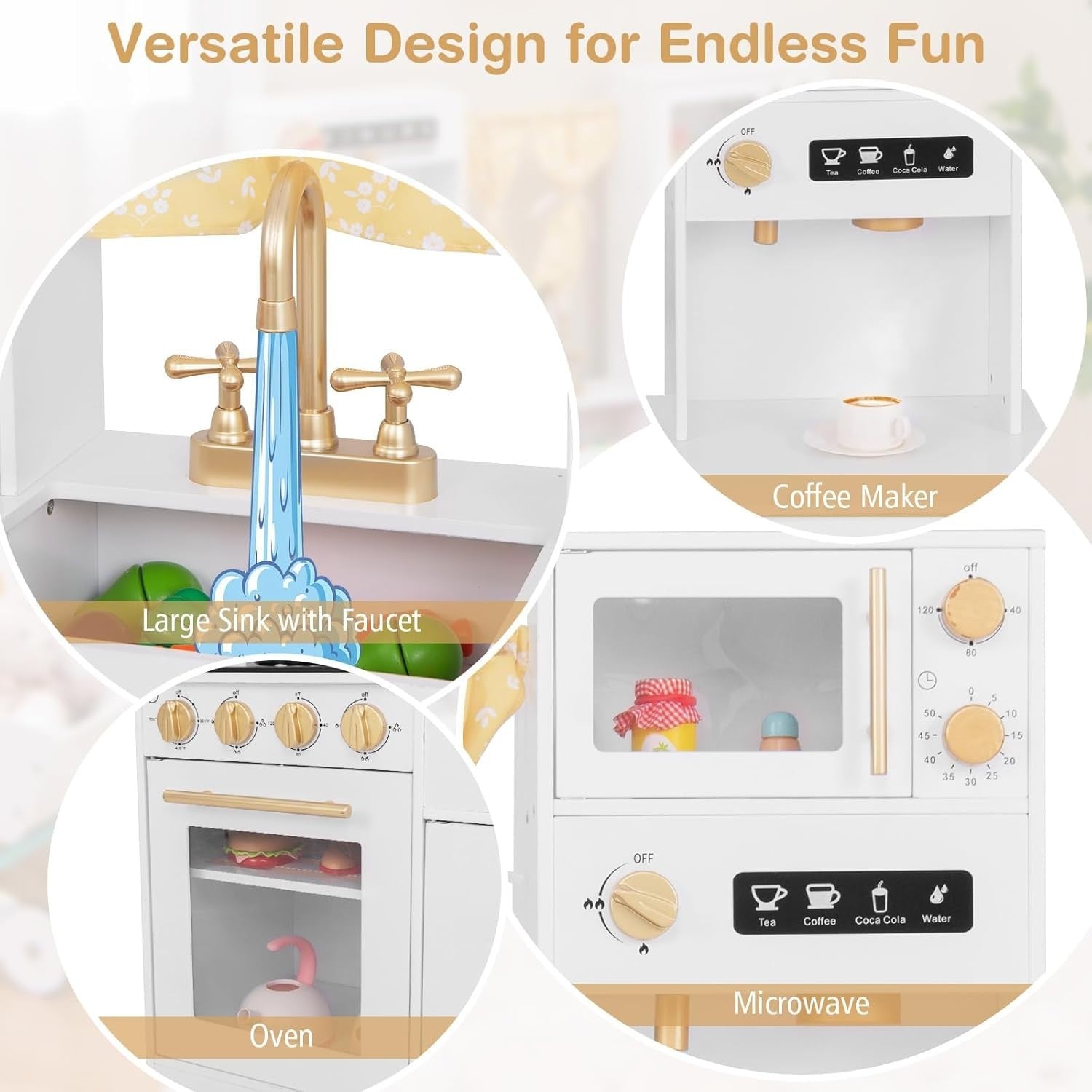 Kids Wooden Play Kitchen Lights Sounds Coffee Maker Microwave White