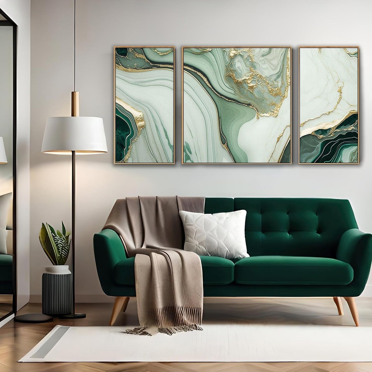 3Pcs Green & Gold Abstract Canvas – Large Framed Wall Art Set