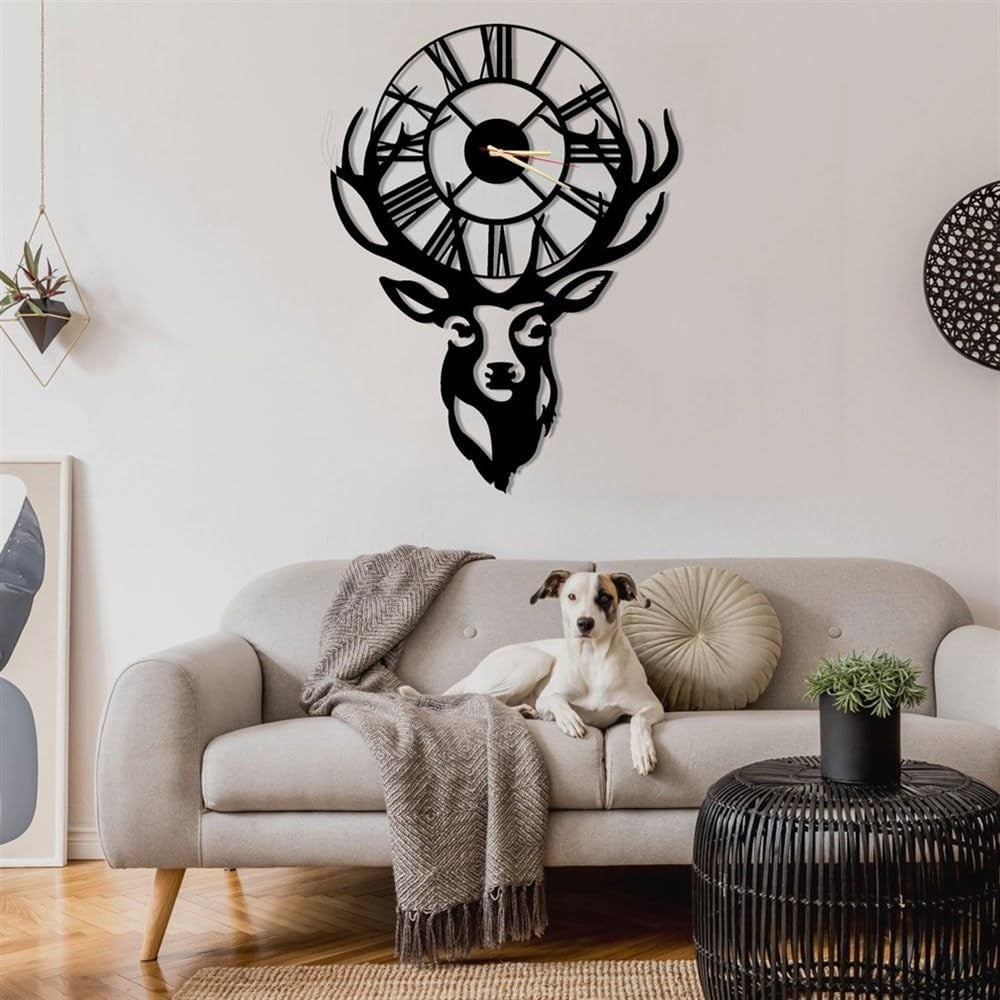 Large Deer Head Wall Clock 90x68cm Silent Quartz Metal Antler Decor