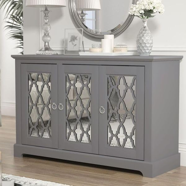 3-Door Cool Grey Sideboard Cabinet Adjustable Shelves Storage Cupboard Modern