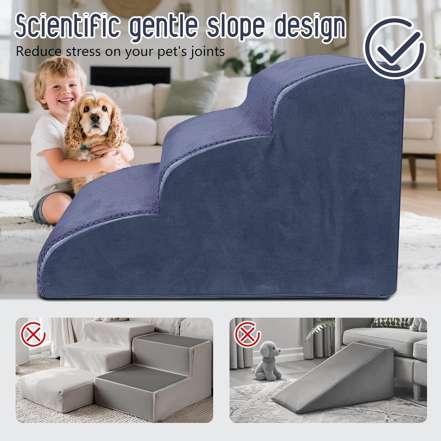 Blue 3 Step Dog Stairs 30D Foam Non Slip Ramp 60x40x40cm