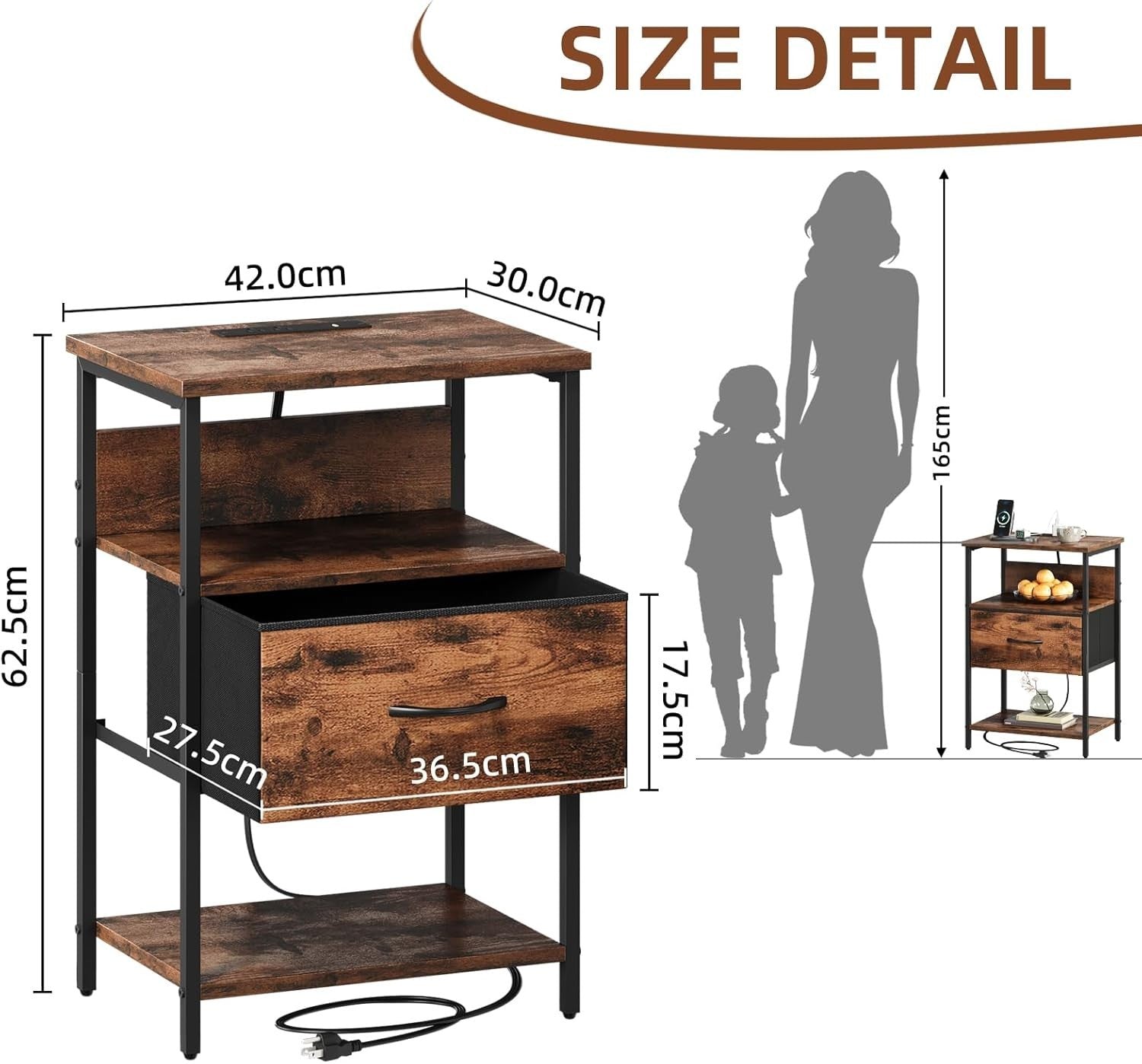 Wood Grain Bedside Table with LED Light – Nightstand with USB Ports