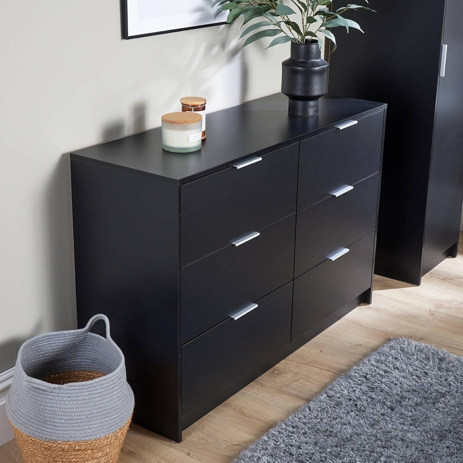 Black 6 Drawer Wide Chest Bedroom Storage Cabinet Modern Clothes Unit