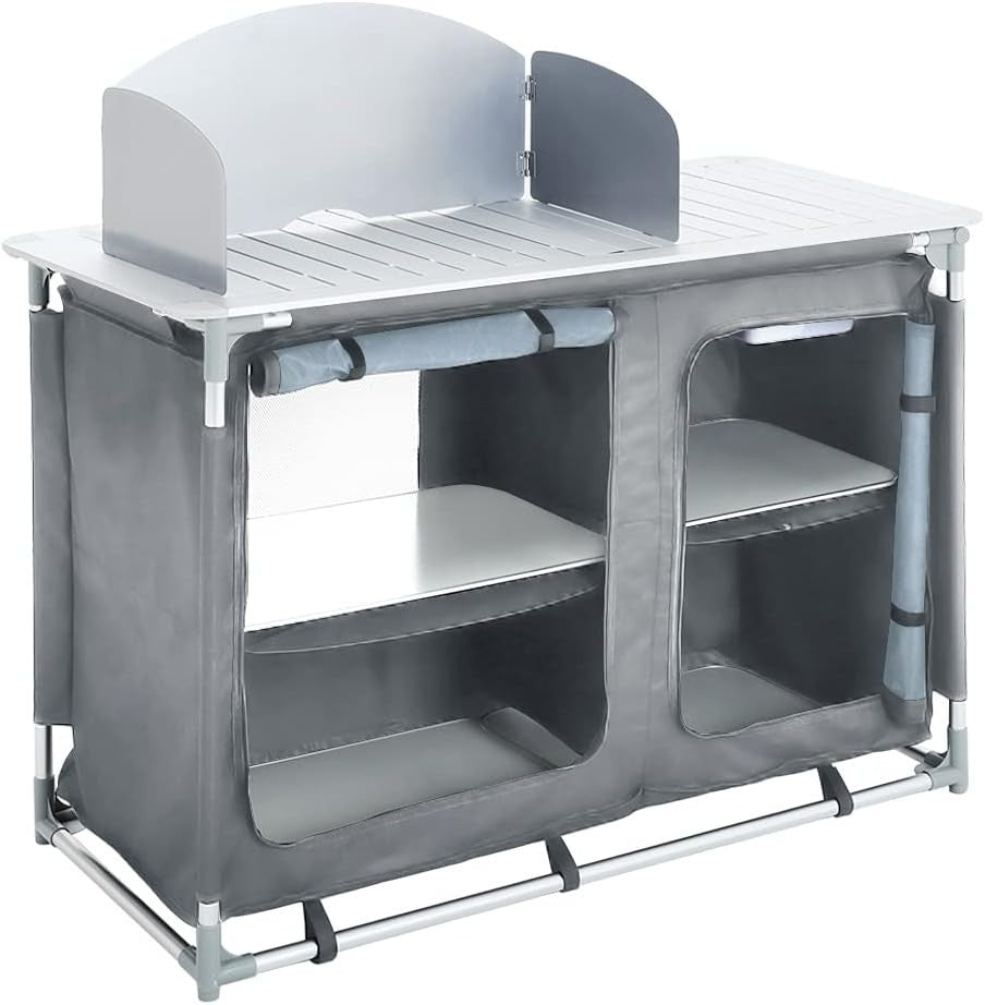 Outdoor Folding Camping Kitchen Table with Storage & Windproof Design Grey