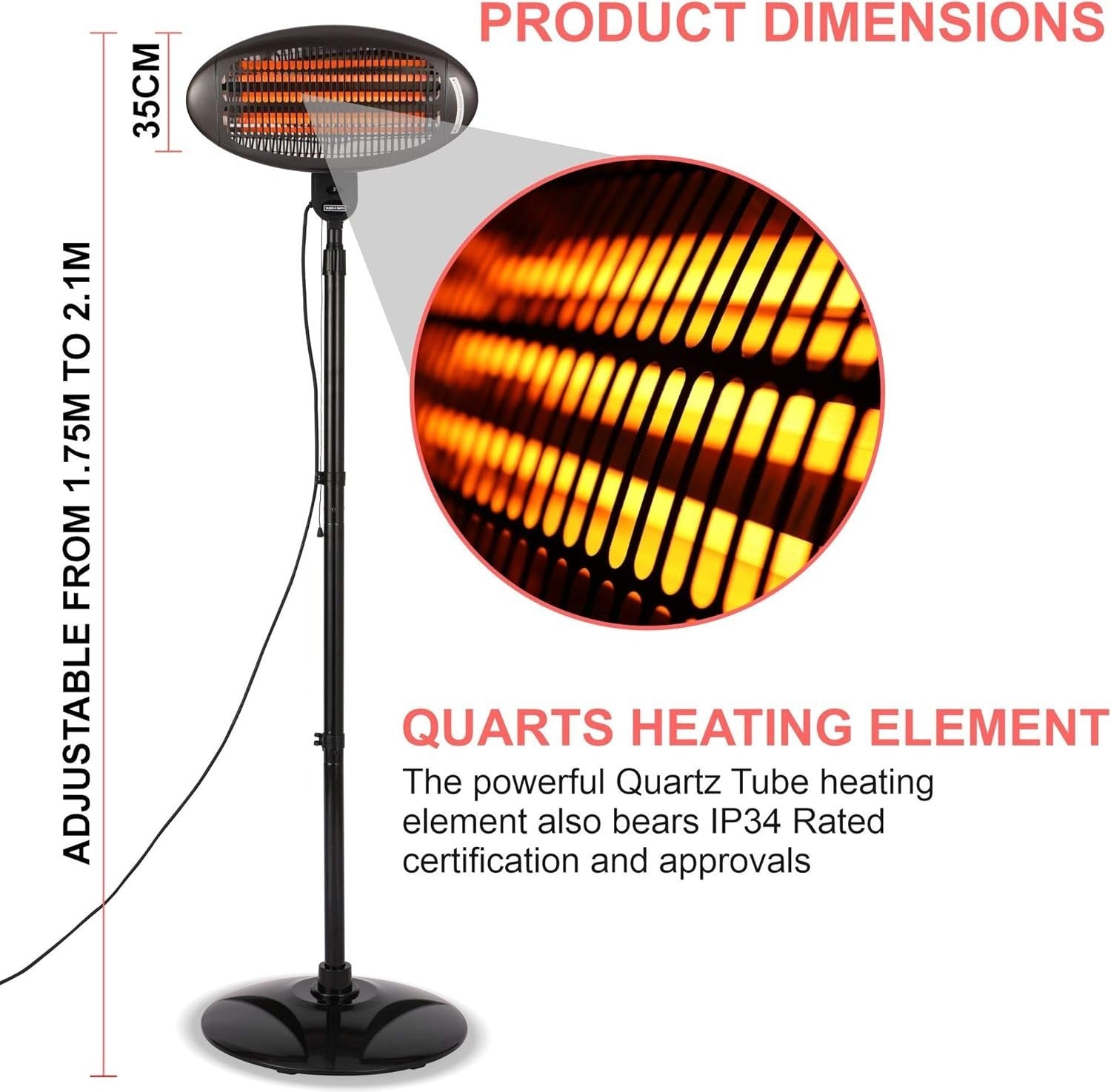 Outdoor Electric Patio Heater 2KW Freestanding Quartz Waterproof 3 Heat Settings