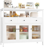 Modern White Sideboard Cabinet with Glass Doors 3 Drawers Adjustable Shelves