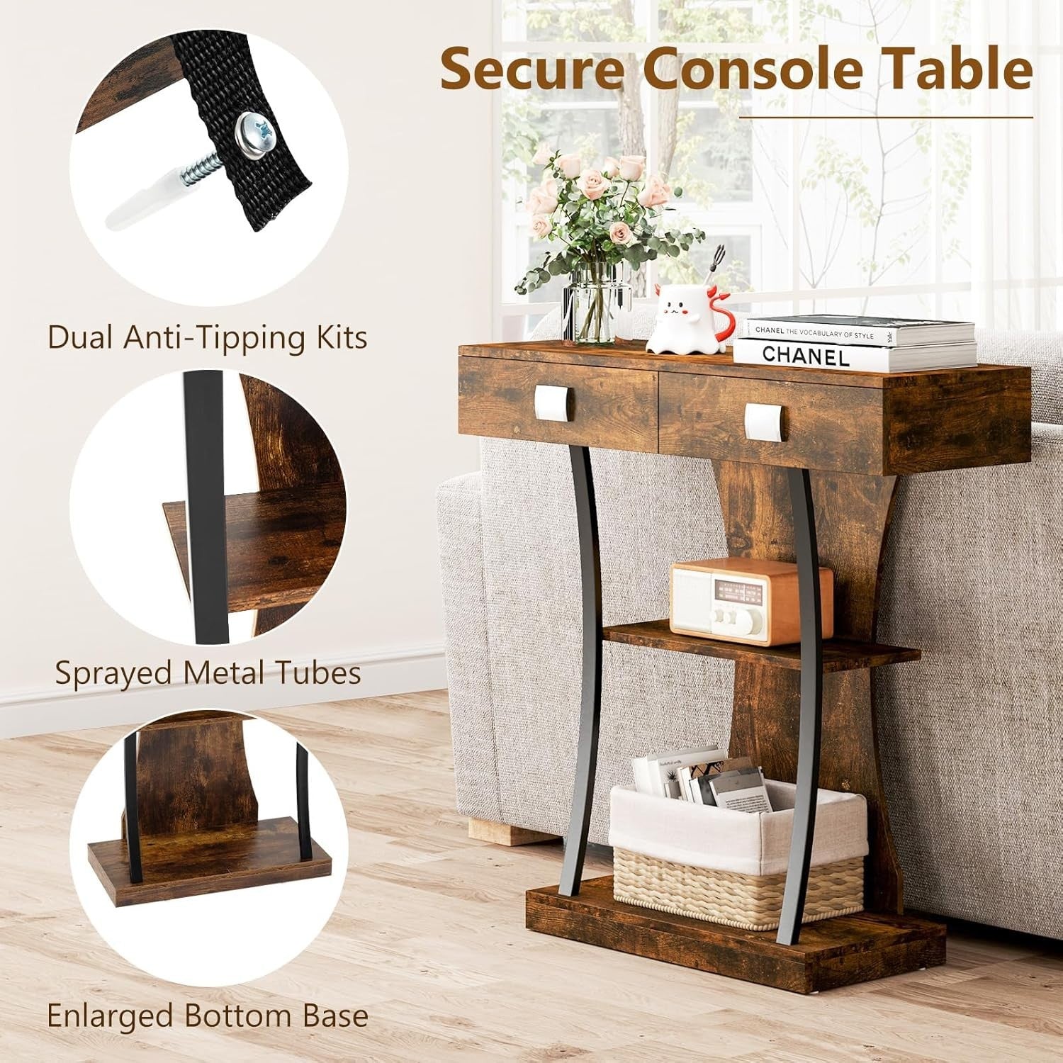 Narrow Rustic Brown Console Table with 2 Drawers & Storage Shelves