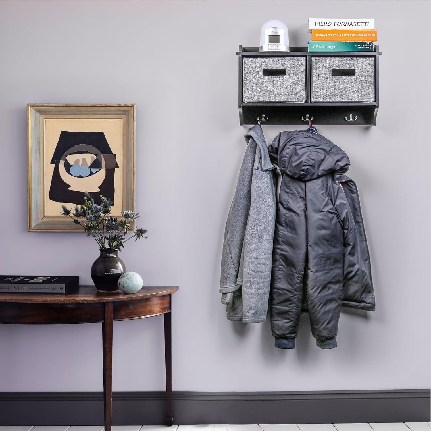 Black Wall Mounted Coat Rack | 3 Hooks with 2 Baskets Hallway Organizer