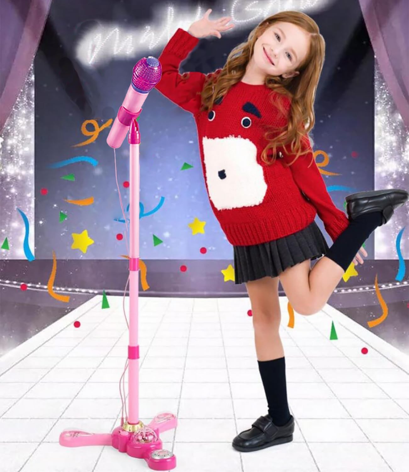 Kids Karaoke Machine with Stand Mic LED Stage Lights Adjustable