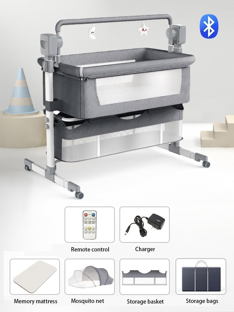 Smart Baby Bedside Crib with Music, Remote, Adjustable Height & Swing Mid Grey
