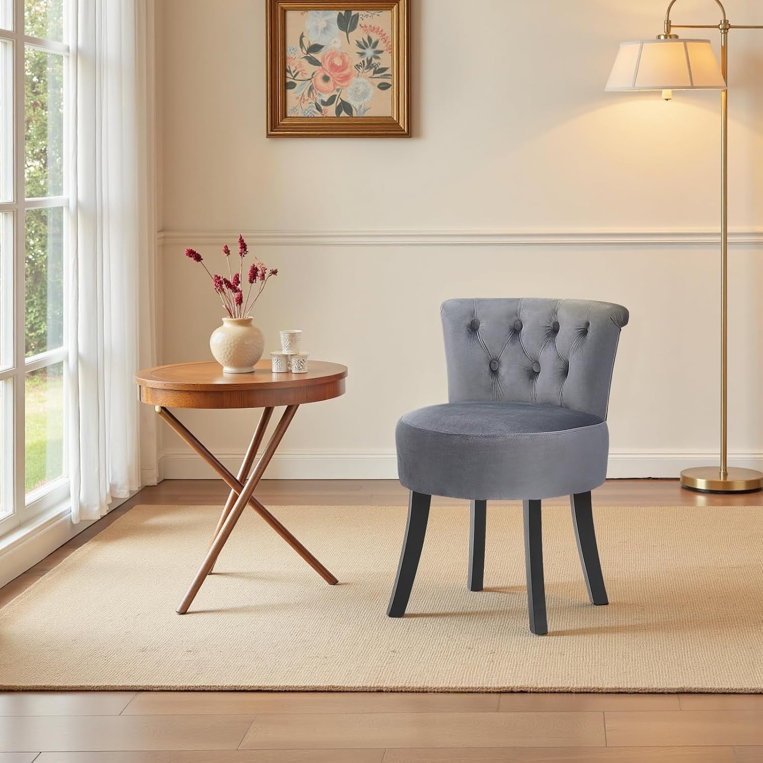 Grey Velvet High-Back Vanity Stool with Wooden Legs – Comfy Dressing Chair