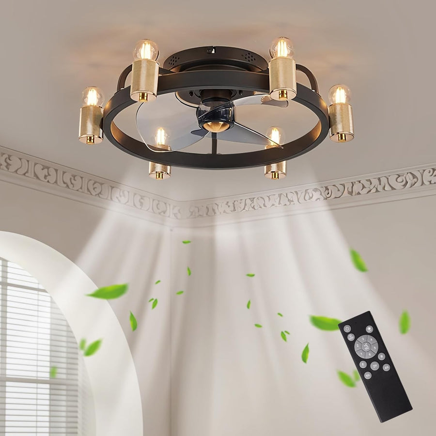 ZHXINASHU Retro 3-Blade Ceiling Fan with Light & Remote, Gold, E27