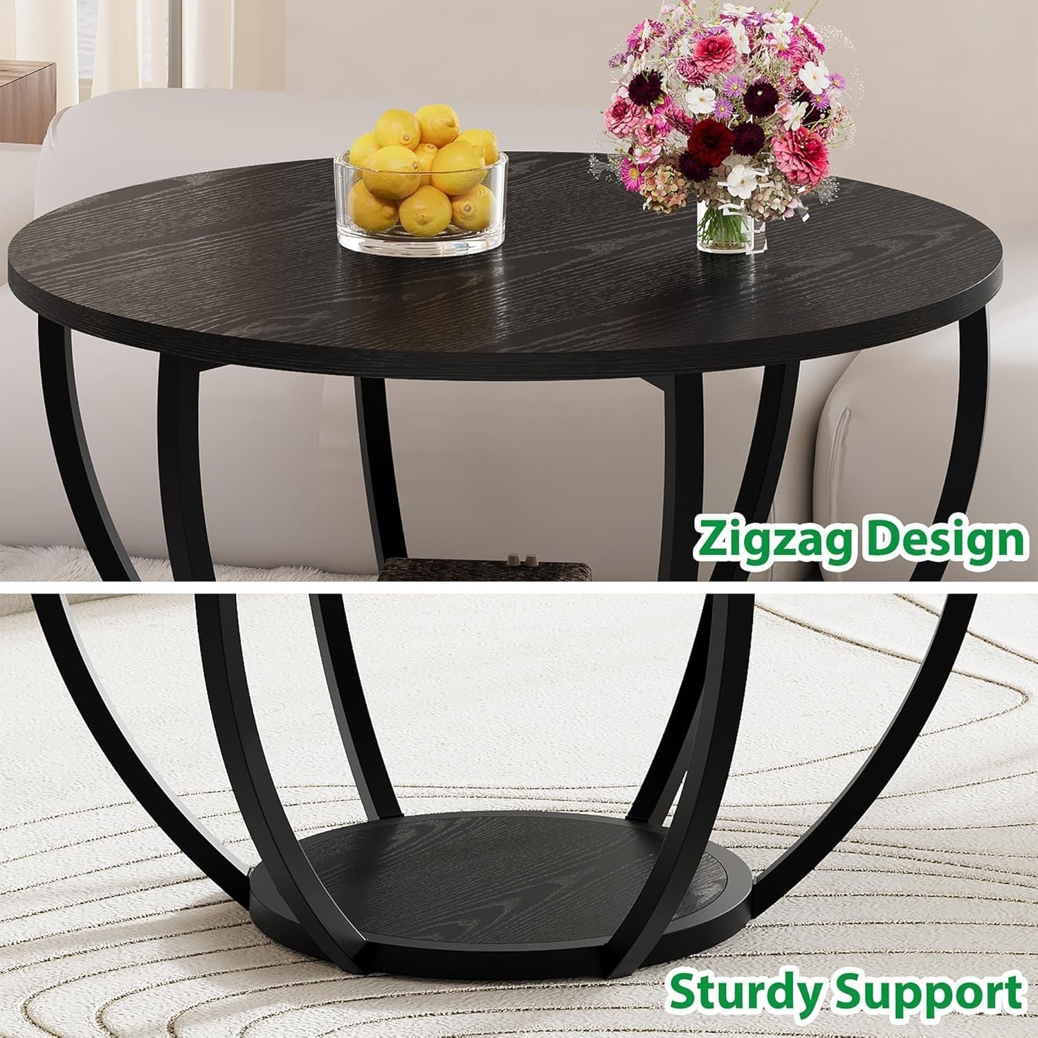 Round 2-Tier Coffee Table with Storage Shelves, Wooden Top & Metal Frame Black