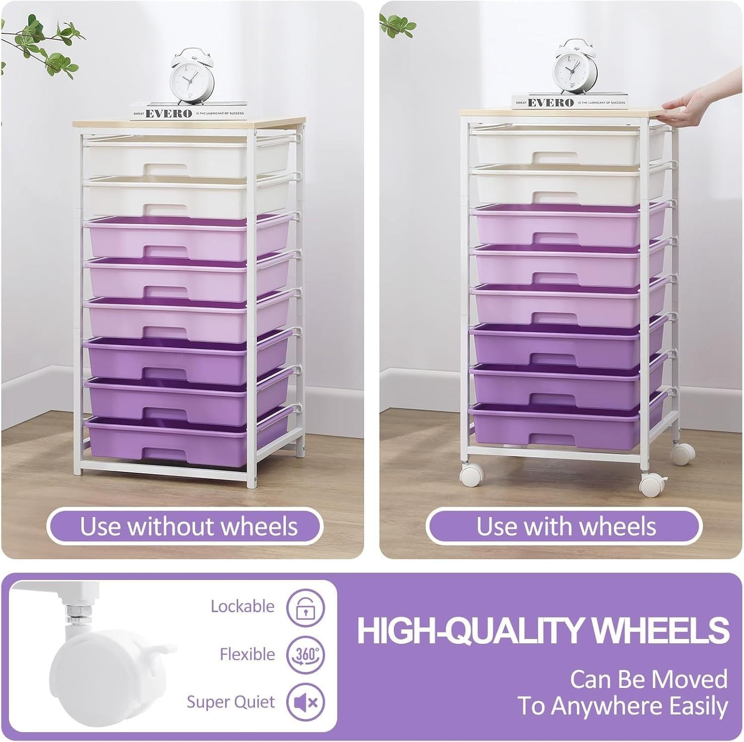 8 Drawer Mobile Storage Cart Purple Rolling Organizer Trolley Wheels