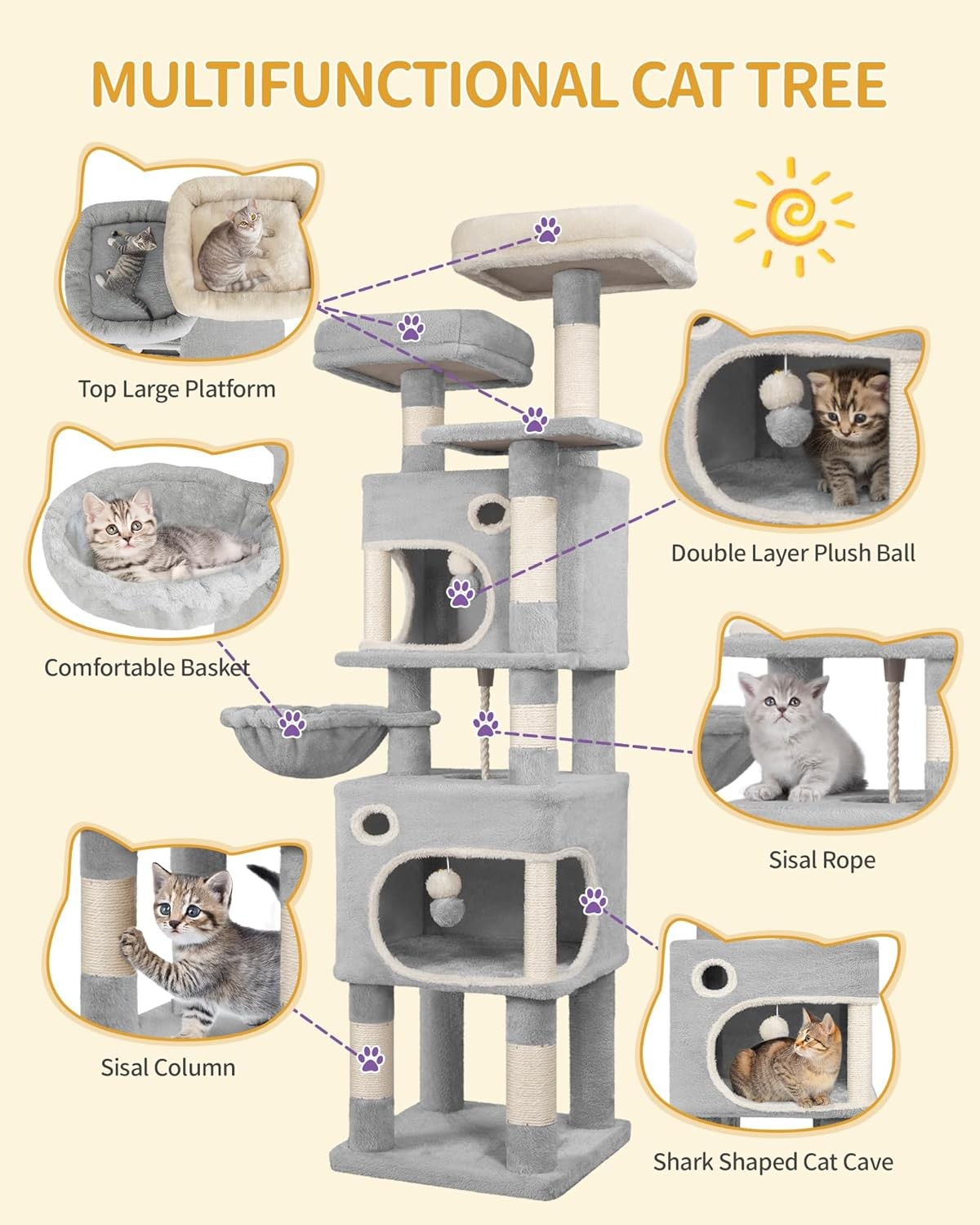 Cat Tree 159cm Tall Tower With Condo Scratching Posts Platforms Caves & Basket