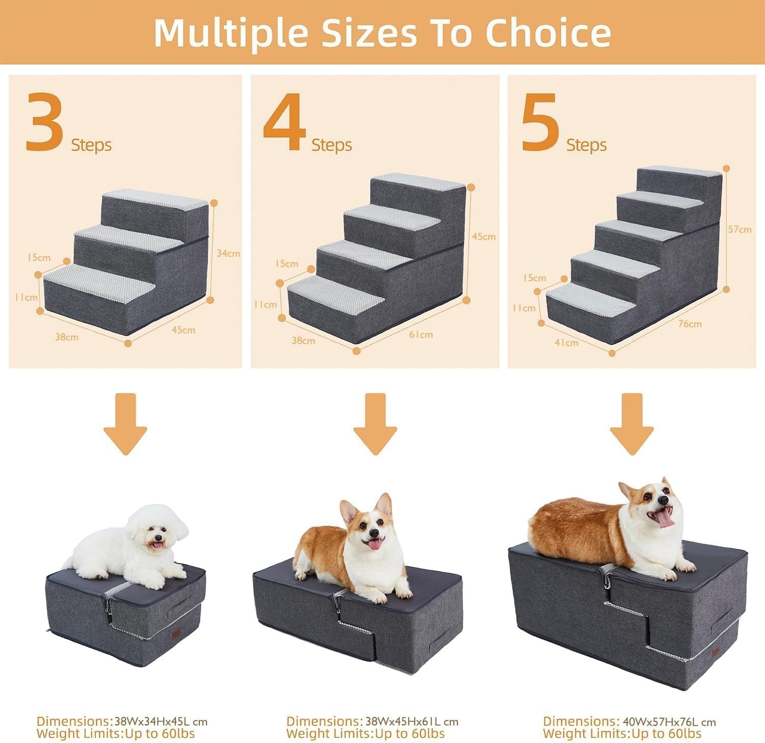 4 Step Dog Stairs for High Bed Non Slip Pet Ramp Grey