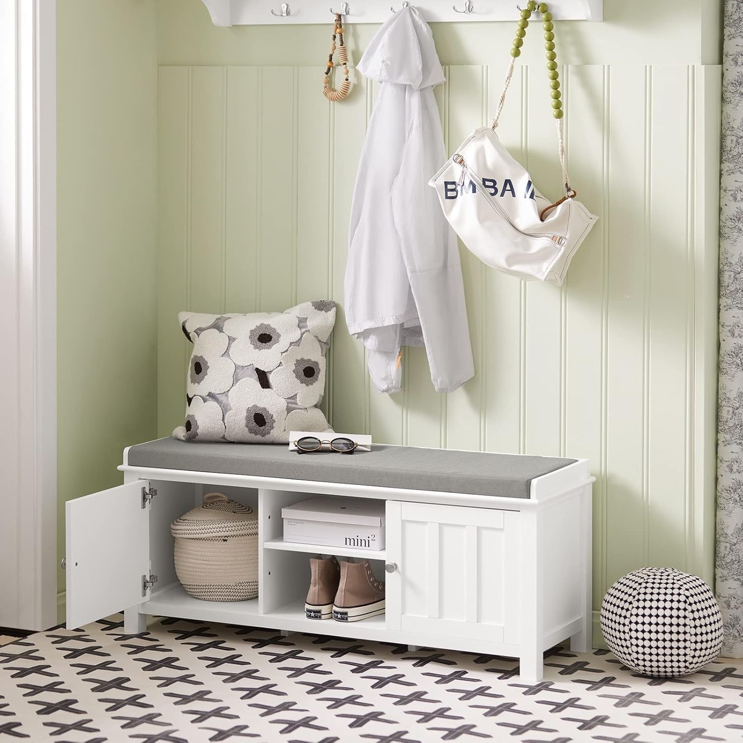 Modern White Storage Bench with Cushion & Shoe Cabinet – 105×35×43 cm