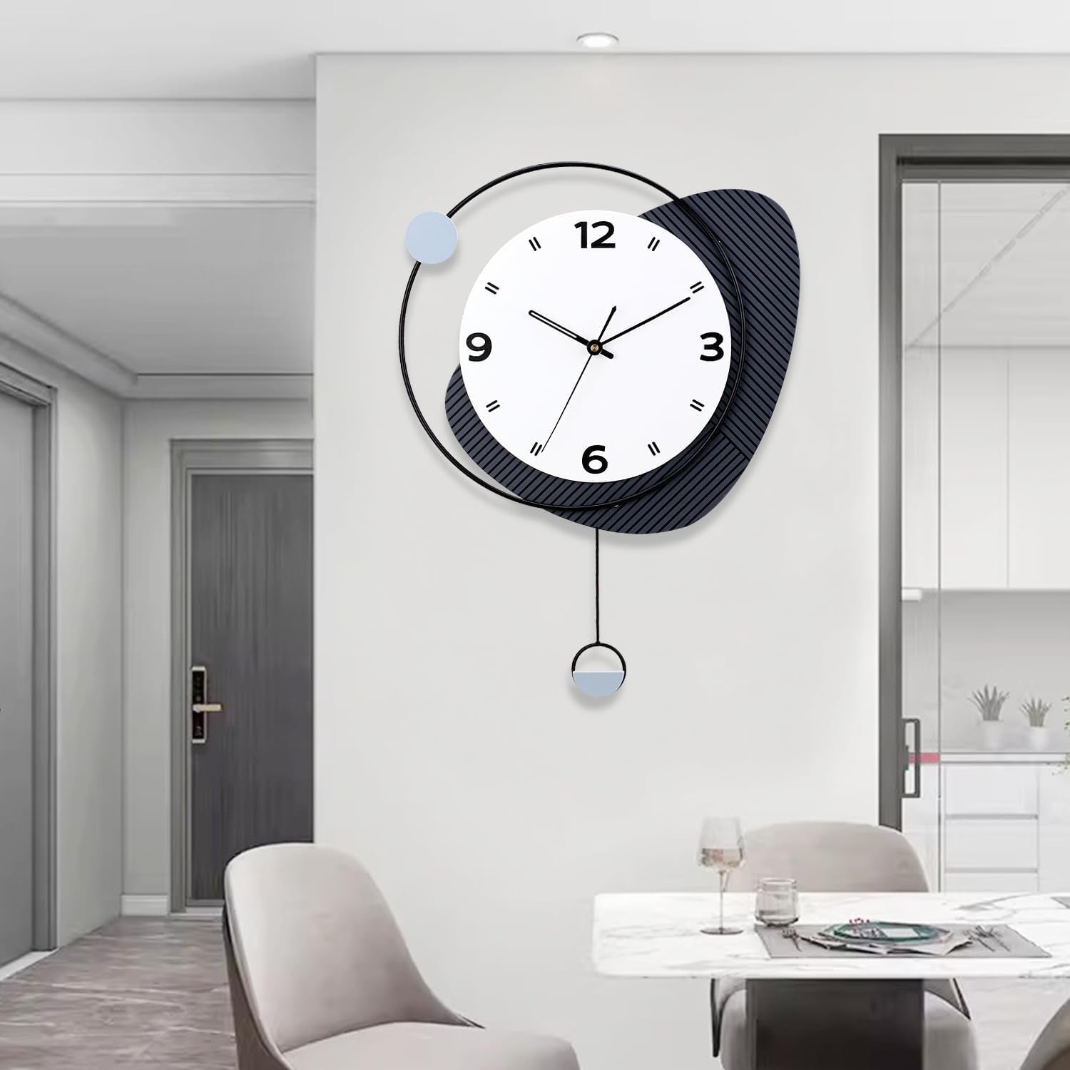 Modern Silent Wall Clock with Pendulum Large Quartz Black Home Decor 38x52cm