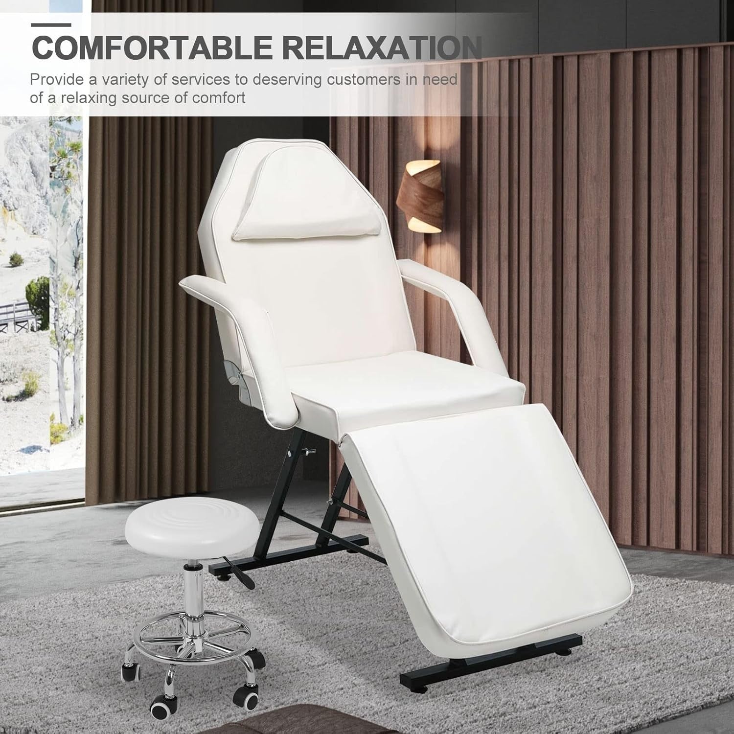 Adjustable 3-Section Massage Table with Stool Salon Lash Tattoo Bed White 184cm