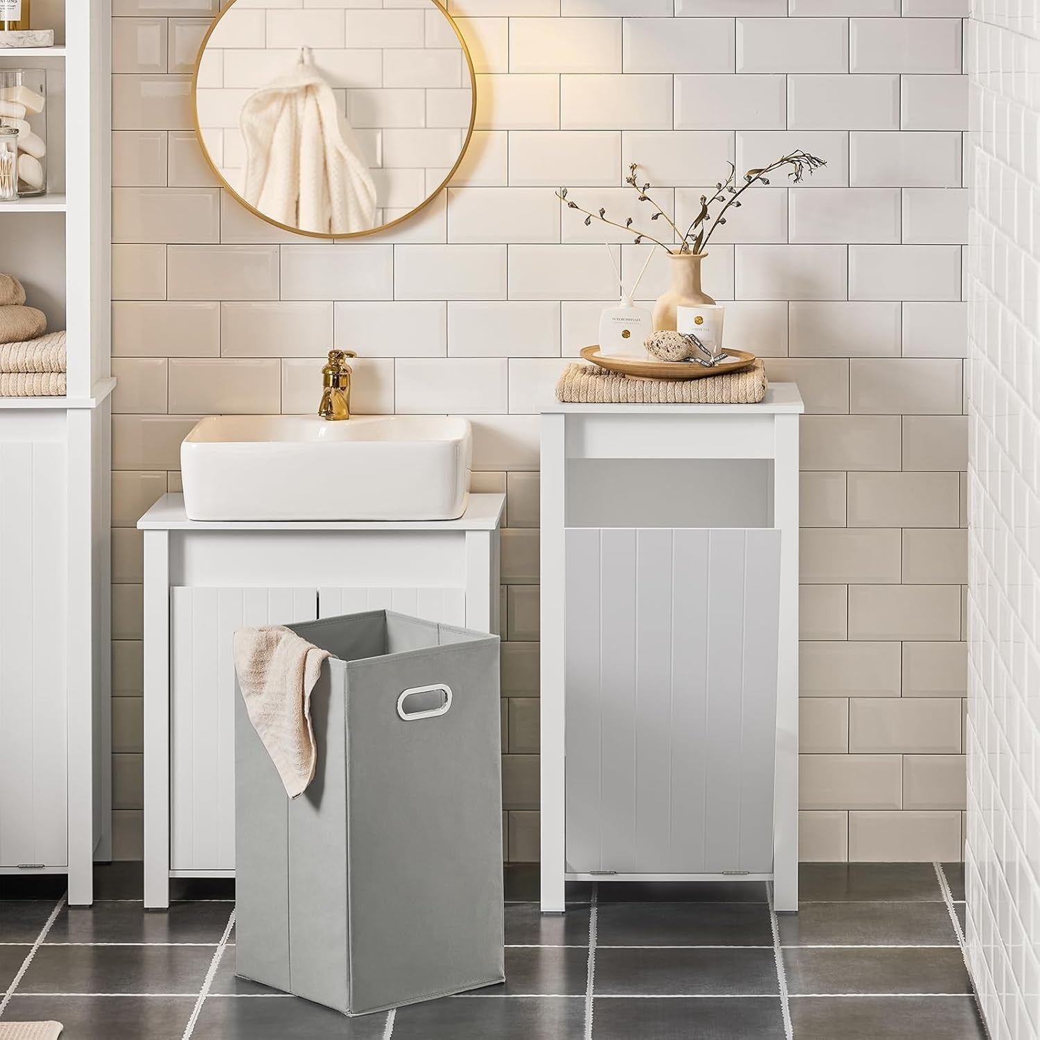 Bathroom Laundry Cabinet with Fold Out Basket Slim White Space Saving