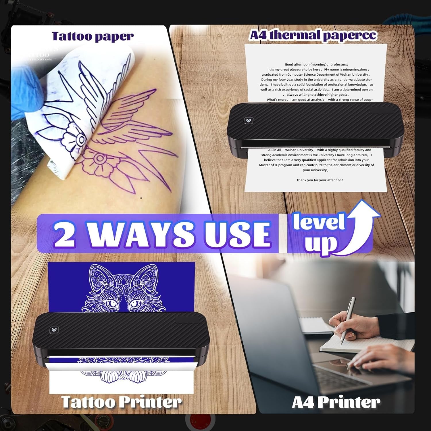 Wireless Tattoo Stencil Printer 2600mAh Black