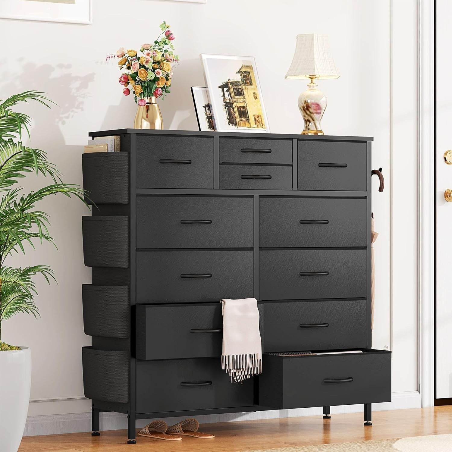 Black 12 Drawer Tall Storage Dresser Fabric Chest Hooks Kids Room Bedroom Hall