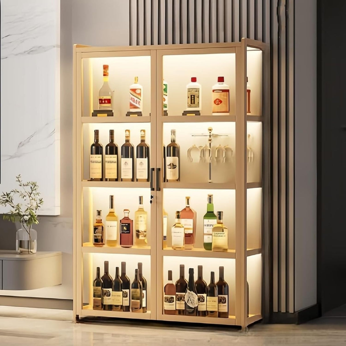 Large LED Wine Cabinet with Lock & Glass Doors | Freestanding Drinks Bar Storage