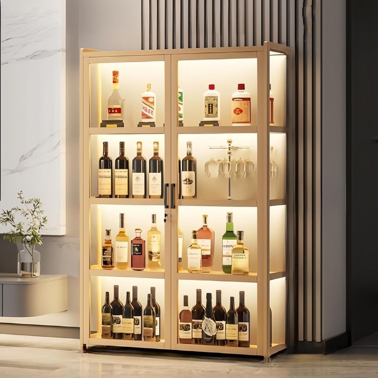 Large LED Wine Cabinet with Lock & Glass Doors | Freestanding Drinks Bar Storage