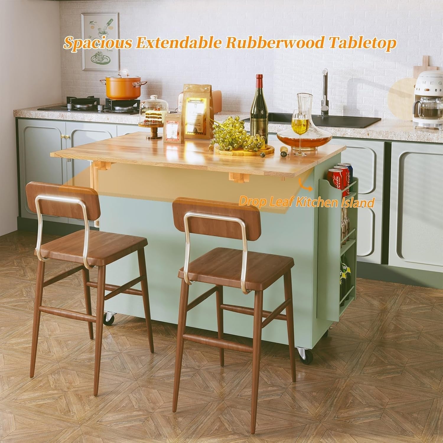Mobile Kitchen Island Cart with Extendable Worktop & Storage Drawers Green