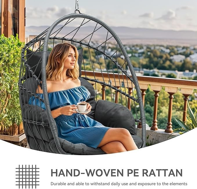Hanging Egg Chair with Cushions Indoor Outdoor Rattan Seat 105x74x72cm