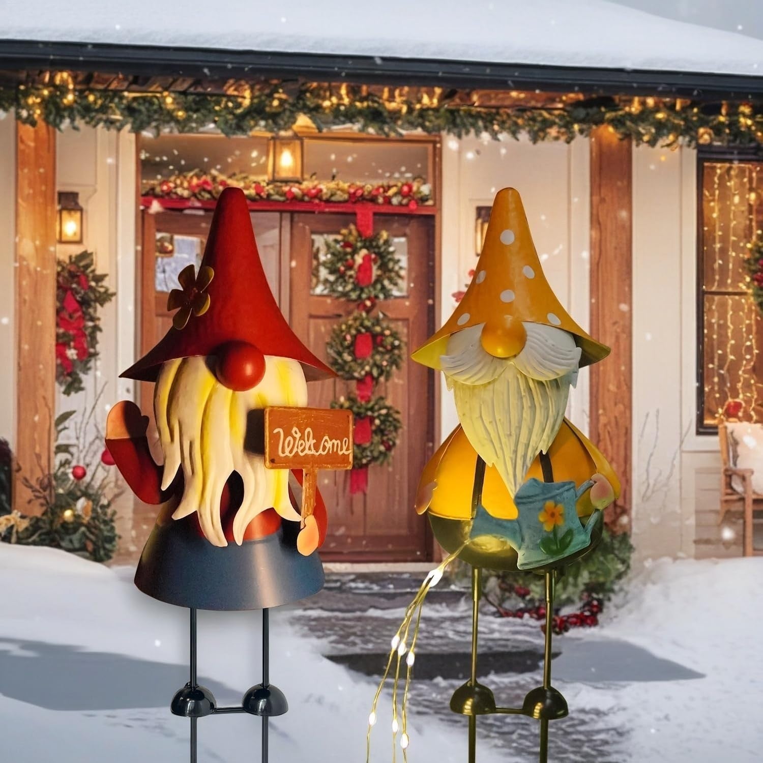Solar Gnome Garden Ornaments Set of 2 Metal 18" Outdoor LED Watering Can Statues