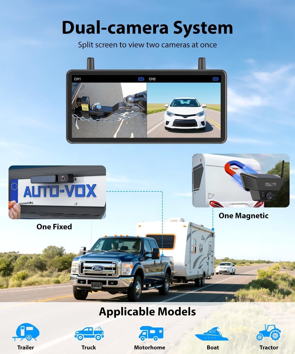 Solar Wireless Reversing Camera System 1080P HD Dual Camera 7.2" DVR