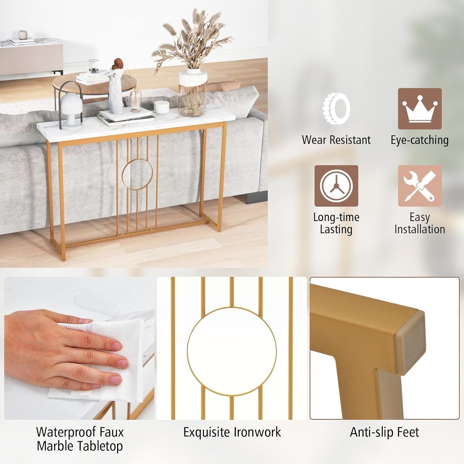 Slim Faux Marble Console Table with Gold Frame, Anti-Tip Safety