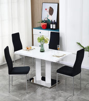 4 Seat White Gloss Dining Table Set + Velvet Chairs Black Modern Room
